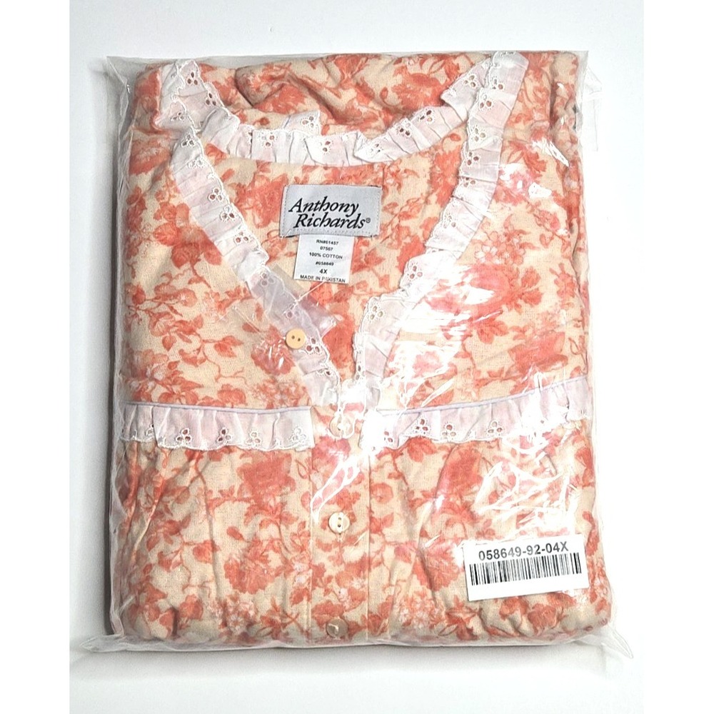 $60 Anthony Richards Nightgown Peach Floral Cotton Flannel Lace Trim 4X 28W-30W